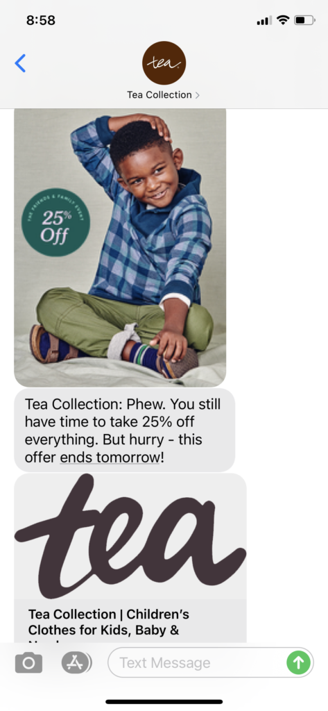 Tea Collection Text Message Marketing Example - 10.31.2020