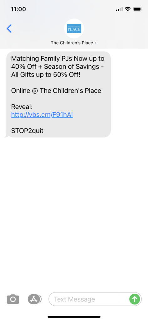 The Children's Place Text Message Marketing Example - 10.28.2020