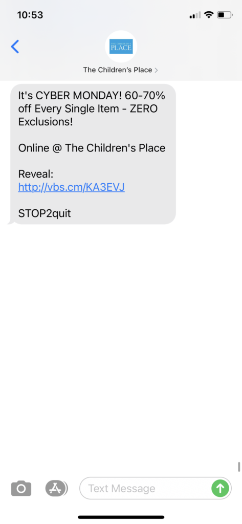 The Children's Place Text Message Marketing Example - 11.30.2020.PNG
