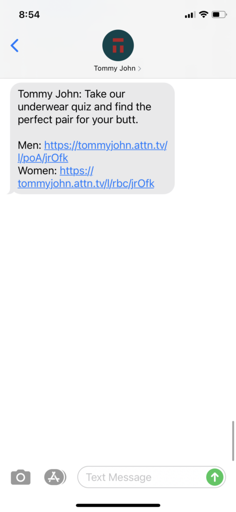 Tommy John Text Message Marketing Example - 10.31.2020