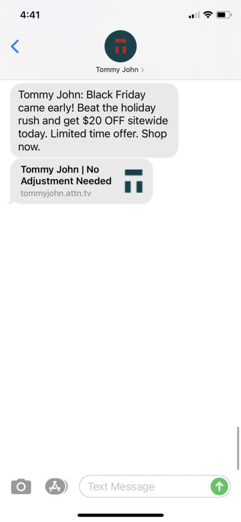 Tommy John Text Message Marketing Example - 11.04.2020