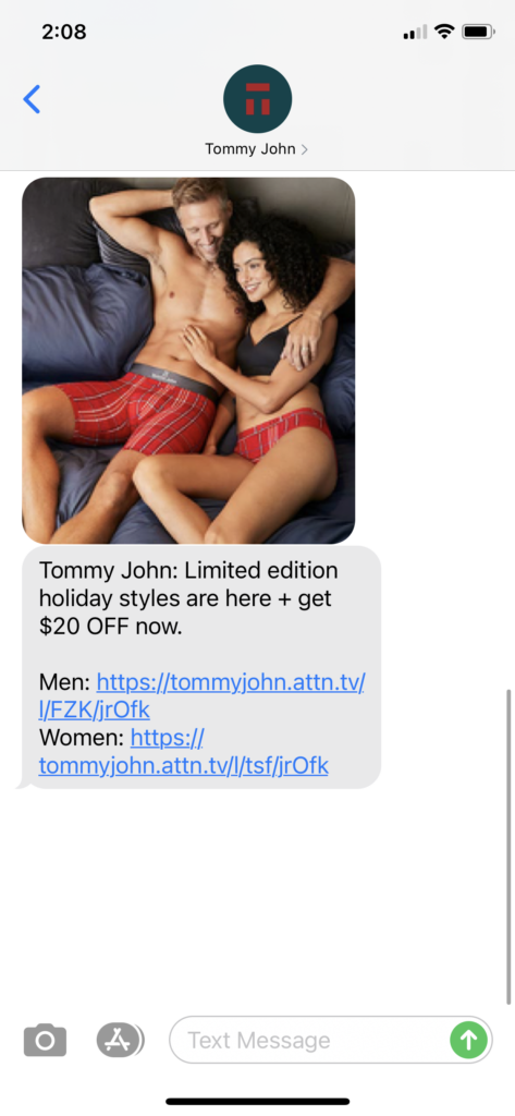 Tommy John Text Message Marketing Example - 11.06.2020