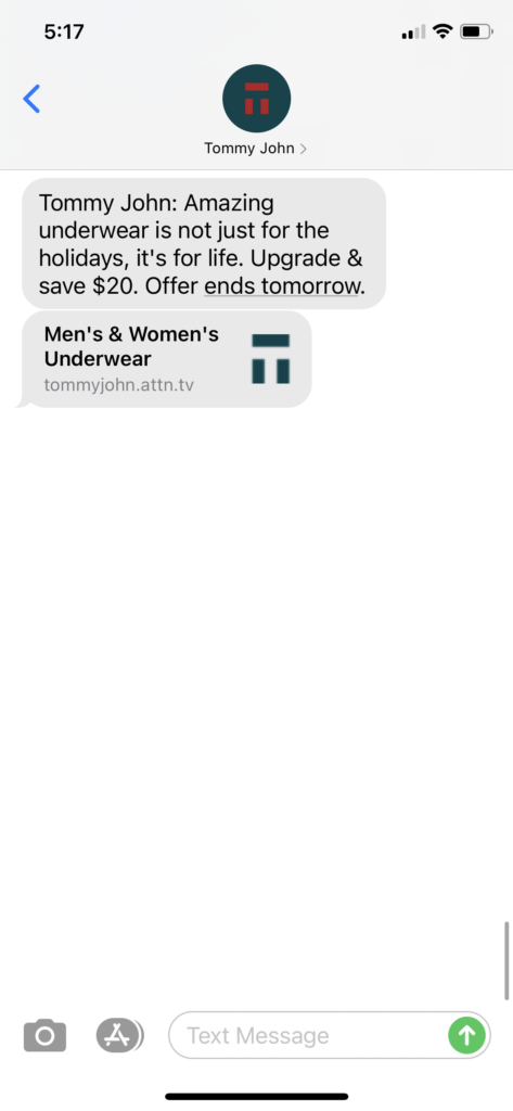 Tommy John Text Message Marketing Example - 11.08.2020