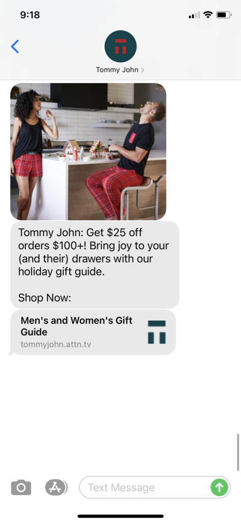 Tommy John Text Message Marketing Example - 11.14.2020