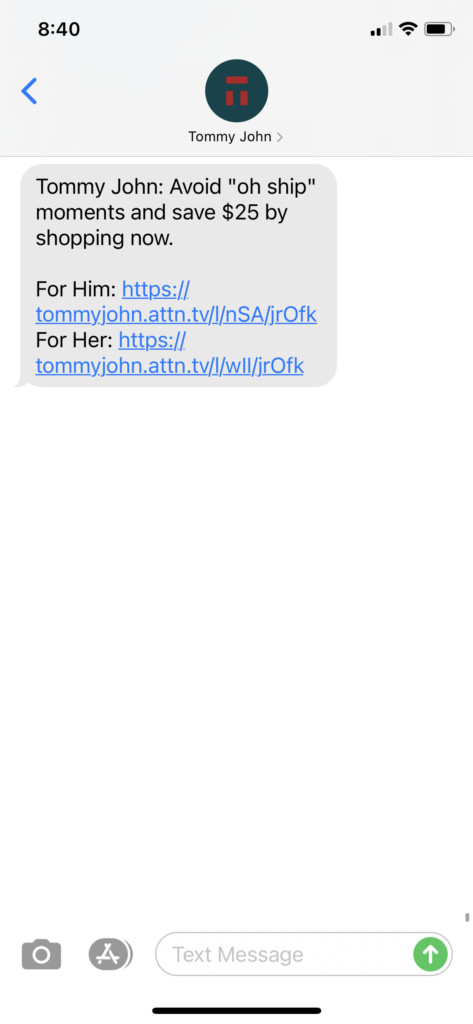 Tommy John Text Message Marketing Example - 11.15.2020