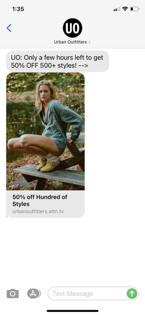 Urban Outfitters Text Message Marketing Example - 11.09.2020