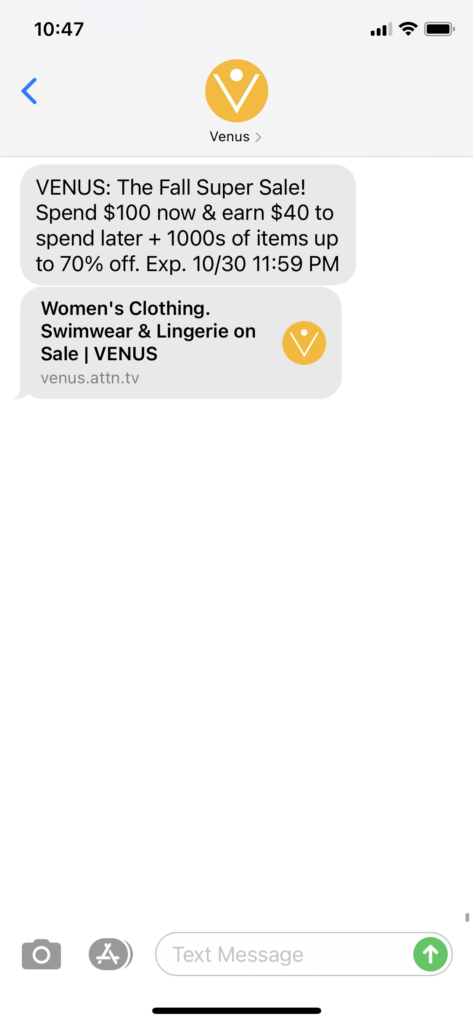 Venus Text Message Marketing Example - 10.29.2020