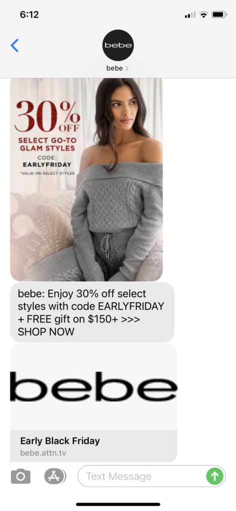 bebe Text Message Marketing Example - 11.20.2020.PNG