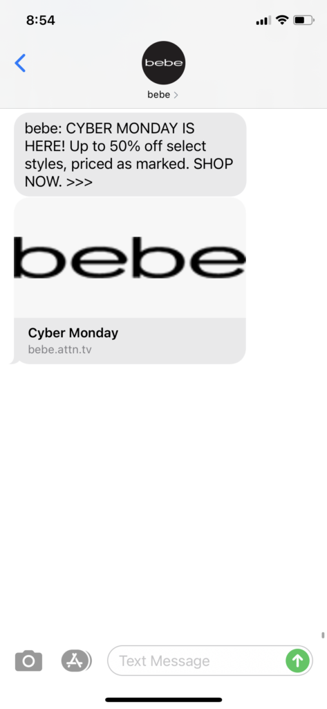 bebe Text Message Marketing Example - 11.29.2020.PNG
