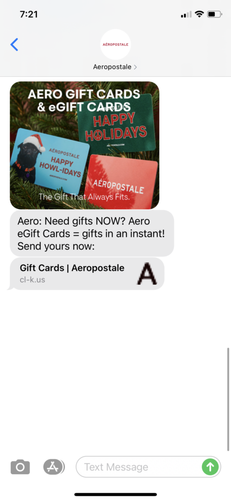 Aeropostale Text Message Marketing Example - 12.22.2020