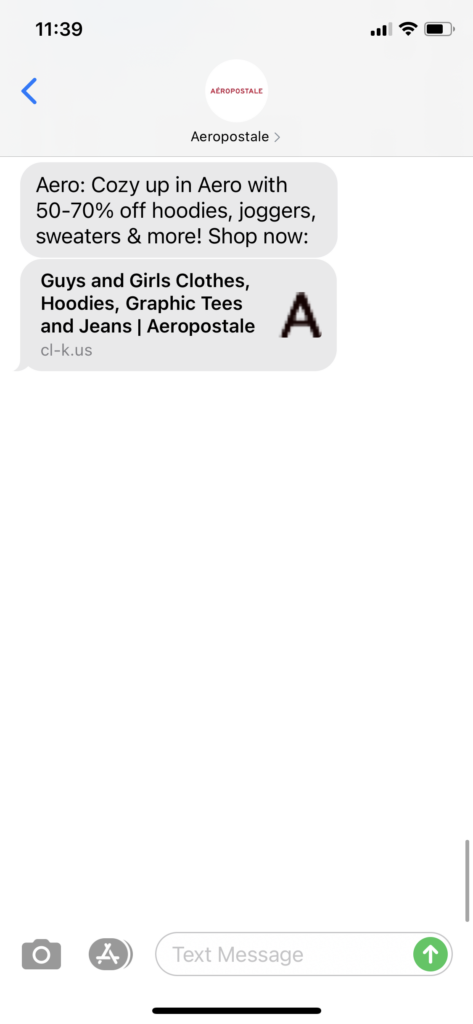 Aeropostale Text Message Marketing Example - 12.26.2020