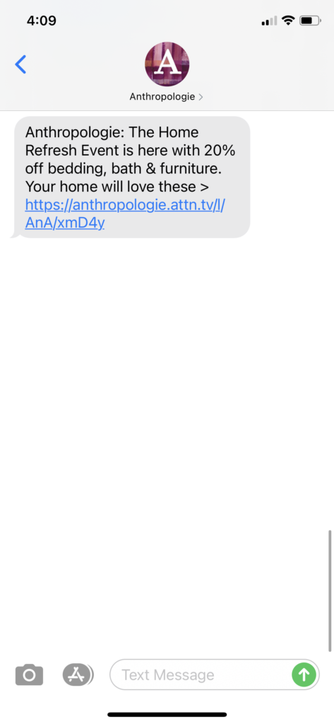 Anthropologie Text Message Marketing Example - 12.27.2020