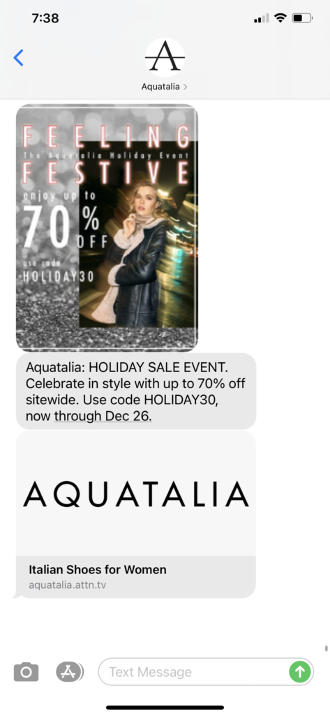 Aquatalia Text Message Marketing Example - 12.22.2020