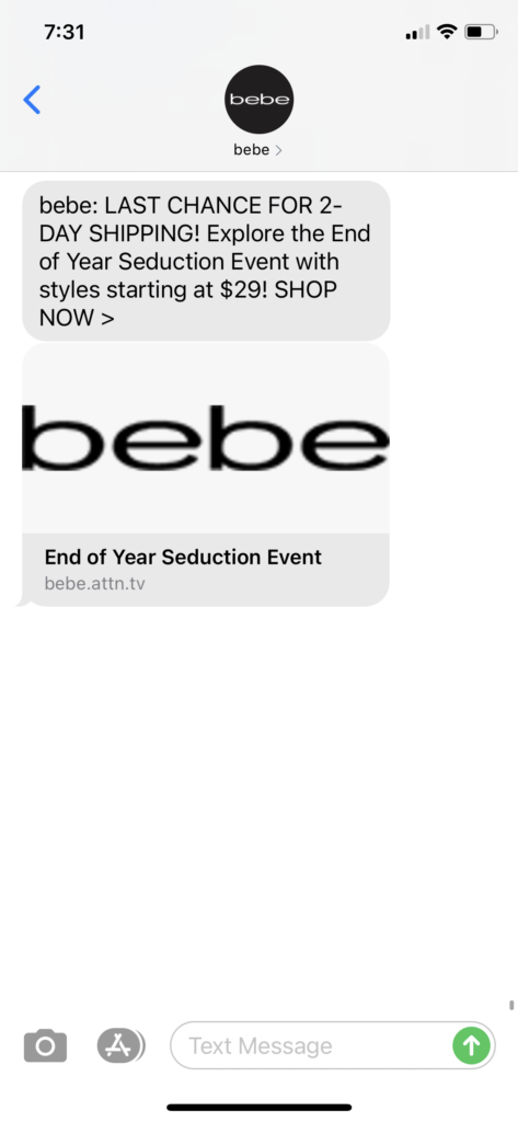 Bebe Text Message Marketing Example - 12.22.2020