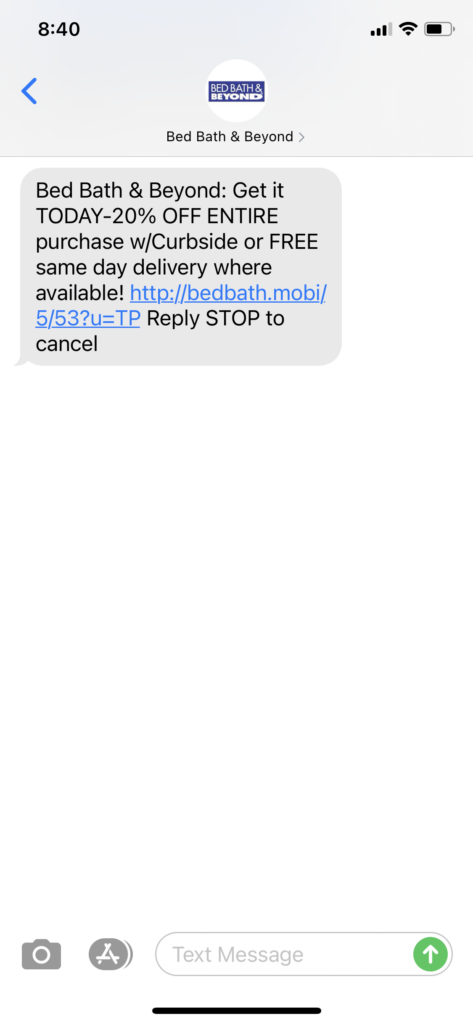 Bed Bath & Beyond Text Message Marketing Example - 12.18.2020