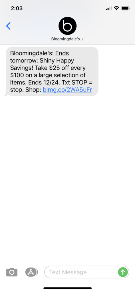 Bloomingdales Text Message Marketing Example - 12.23.2020