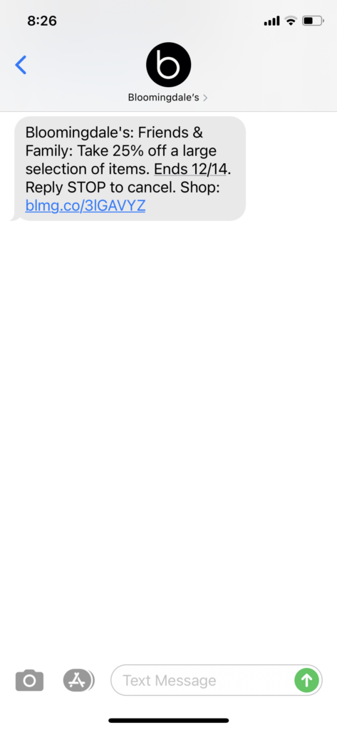Bloomingdales Text Message Marketing Example - 12.4.2020.PNG