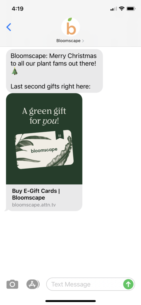 Bloomscape Text Message Marketing Example - 12.25.2020