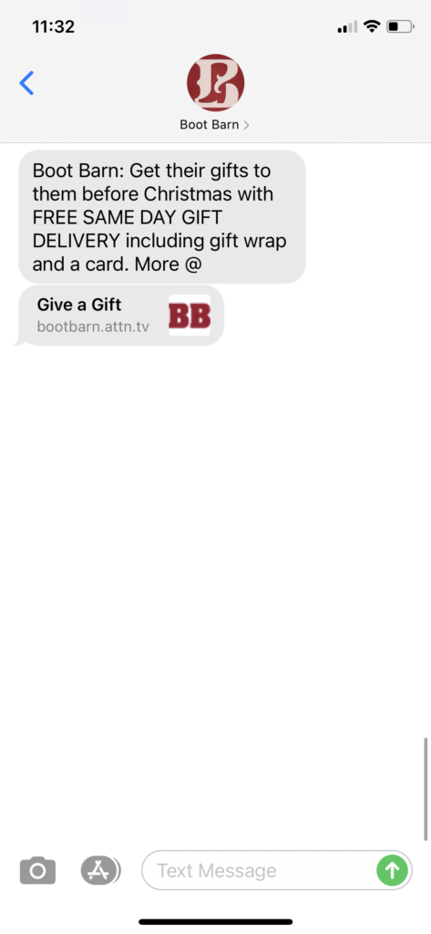 Boot Barn Text Message Marketing Example - 12.19.2020