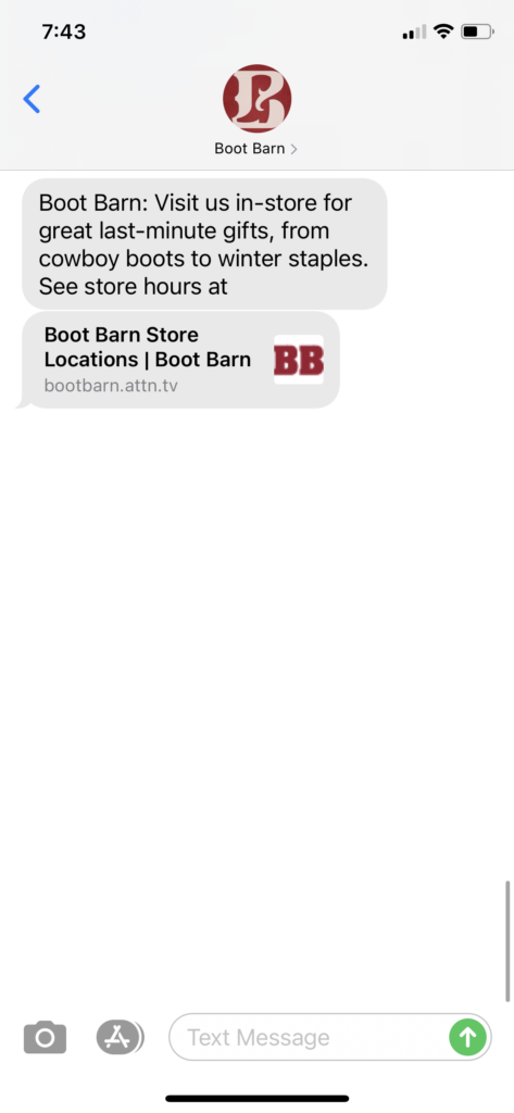 Boot Barn Text Message Marketing Example - 12.21.2020