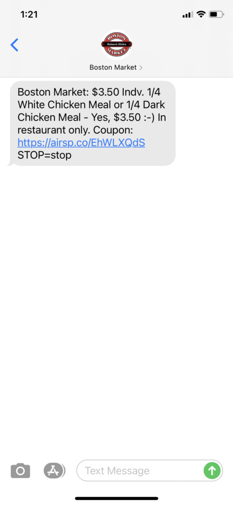 Boston Market Text Message Marketing Example - 12.18.2020