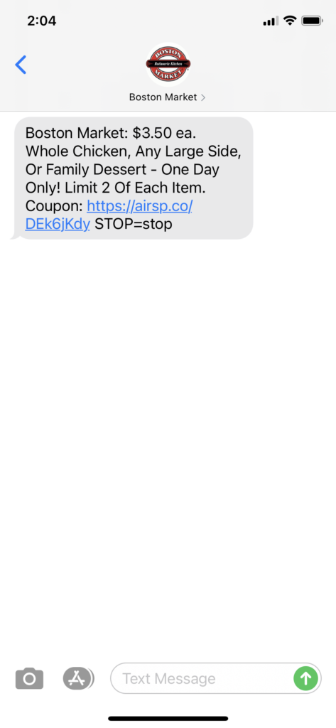 Boston Market Text Message Marketing Example - 12.23.2020