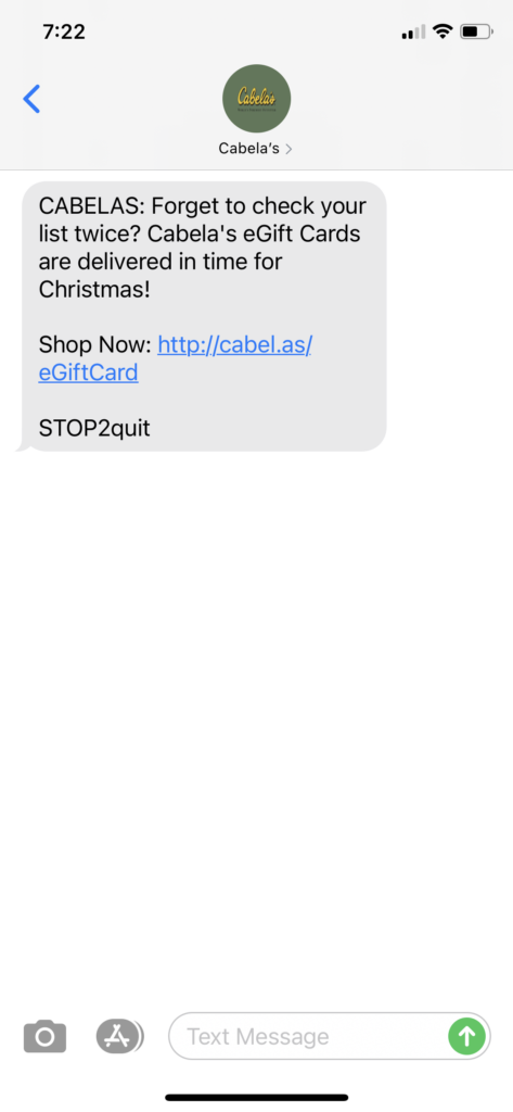 Cabelas Text Message Marketing Example - 12.22.2020