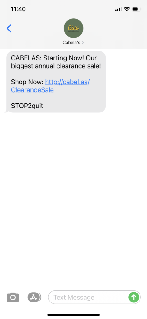 Cabela's Text Message Marketing Example - 12.26.2020