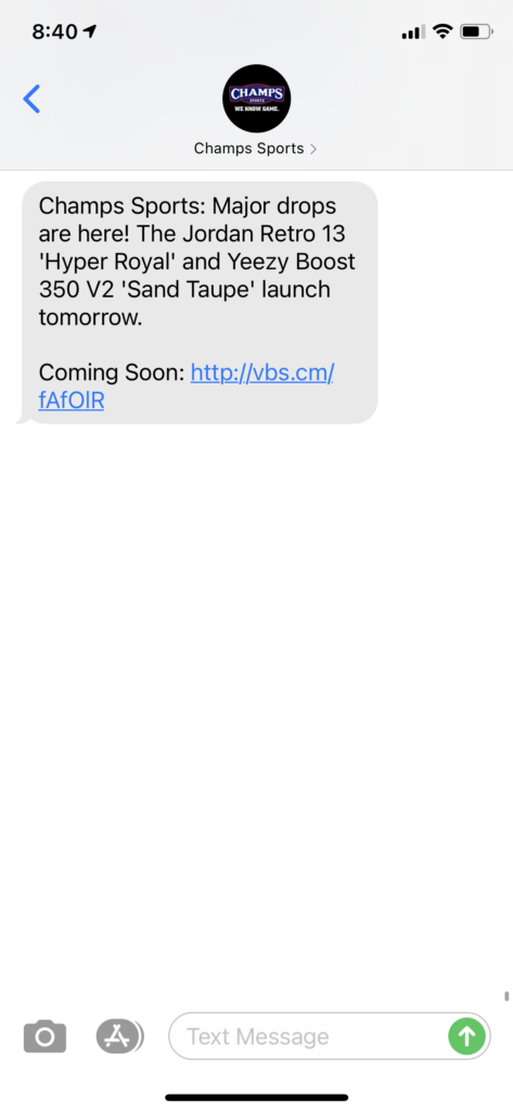 Champs Sports Text Message Marketing Example - 12.18.2020