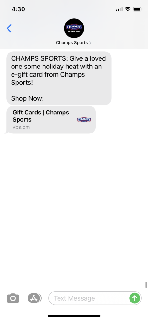 Champs Sports Text Message Marketing Example - 12.24.2020