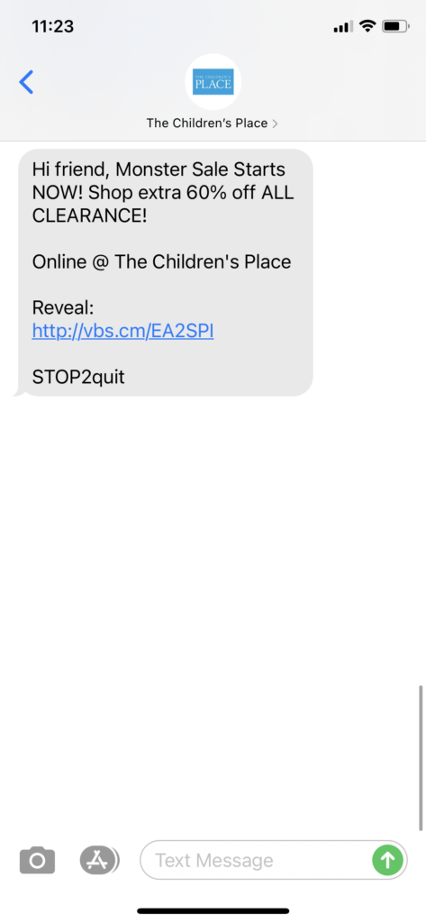 Children's Place Text Message Marketing Example - 12.26.2020