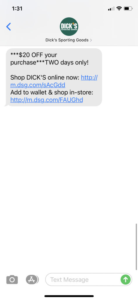Dick's Sporting Good Text Message Marketing Example - 12.04.2020.PNG