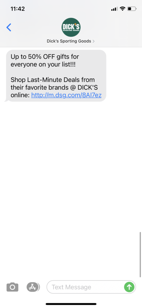 Dick's Sporting Goods Text Message Marketing Example - 12.19.2020