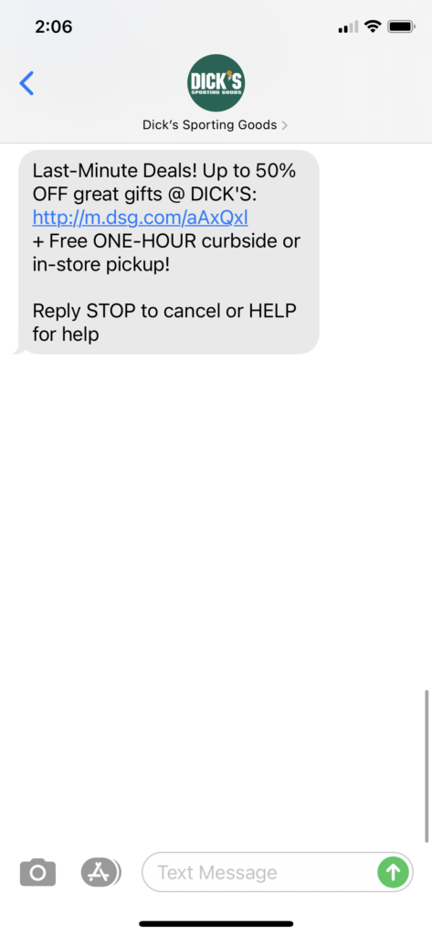 Dick's Sporting Goods Text Message Marketing Example - 12.23.2020