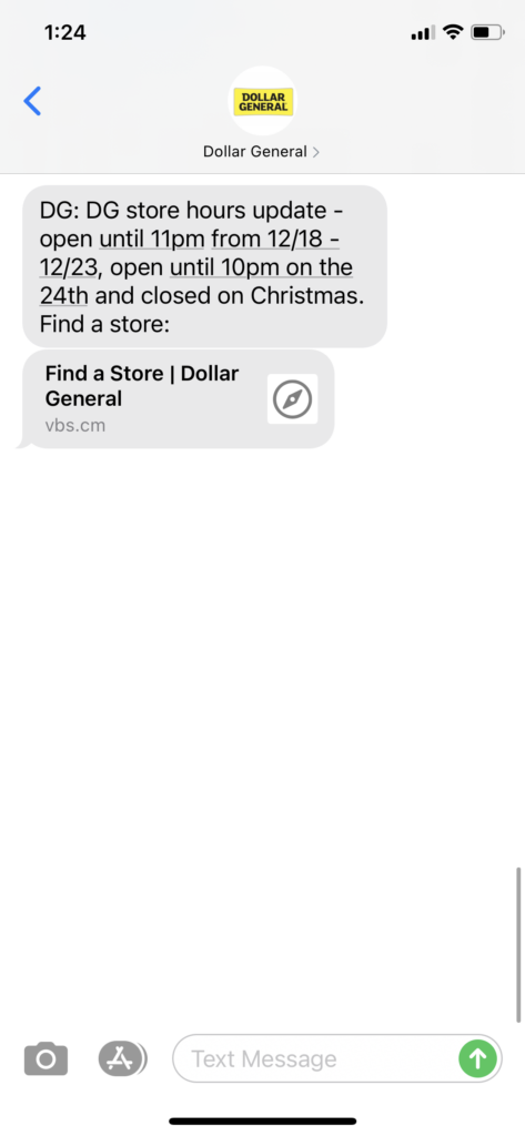 Dollar General Text Message Marketing Example - 12.18.2020