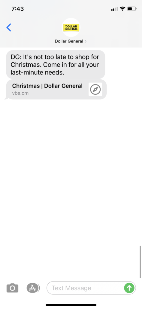 Dollar General Text Message Marketing Example - 12.21.2020