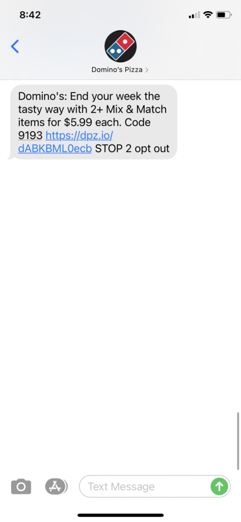 Dominos Pizza Text Message Marketing Example - 12.18.2020