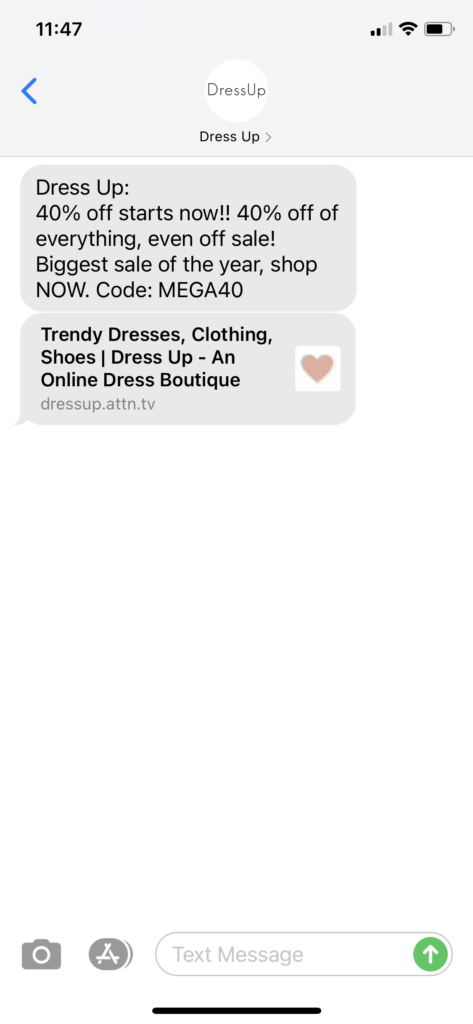 Dress Up Text Message Marketing Example - 12.26.2020