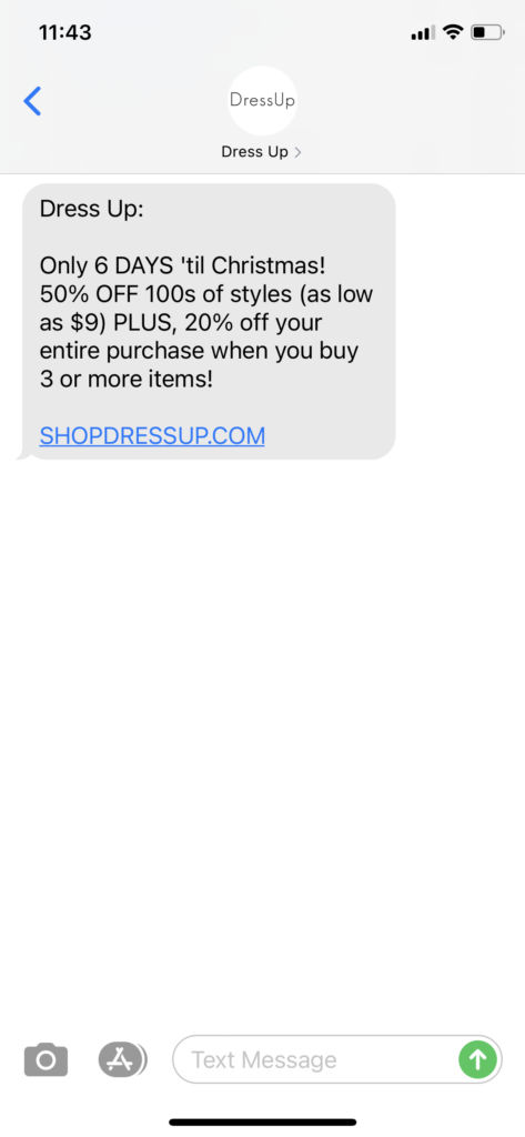 Dress up Text Message Marketing Example - 12.19.2020