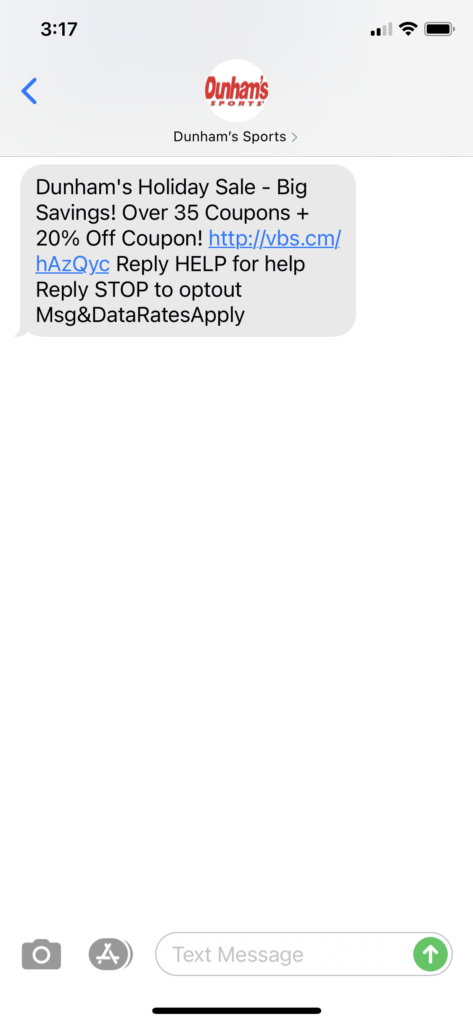 Dunham's Sport Text Message Marketing Example - 12.23.2020