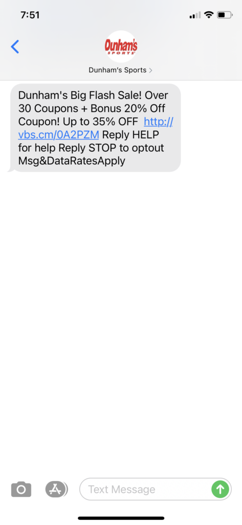 Dunhams Text Message Marketing Example - 12.21.2020