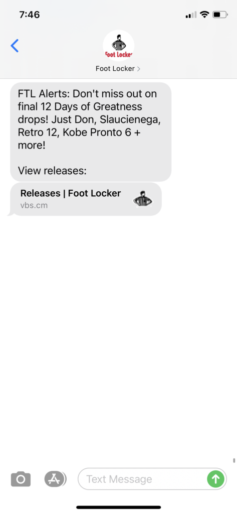 Foot Locker Text Message Marketing Example - 12.21.2020