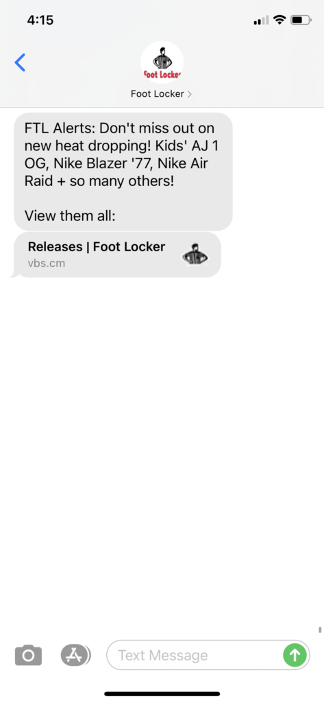 Foot Locker Text Message Marketing Example - 12.27.2020