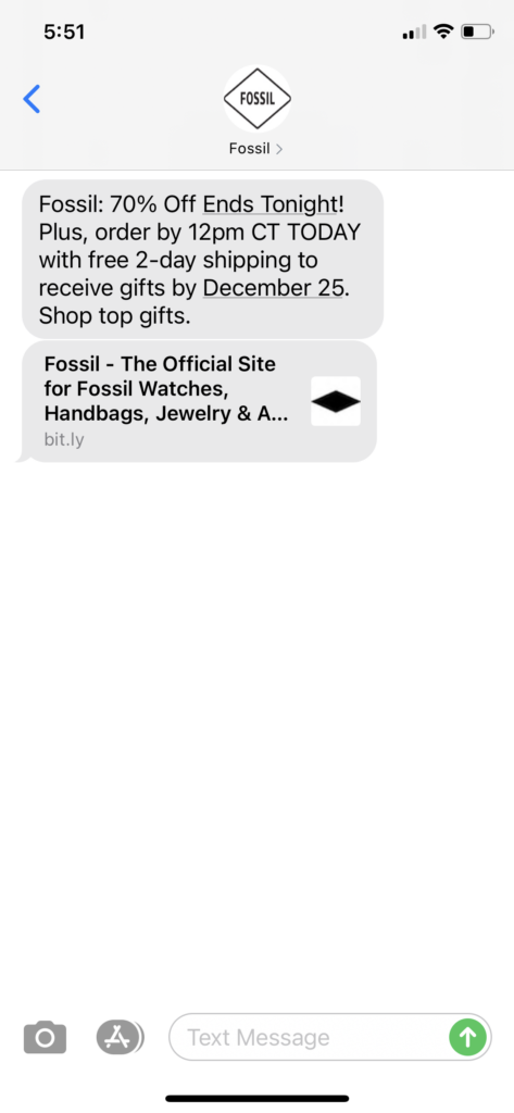Fossil Text Message Marketing Example - 12.20.2020