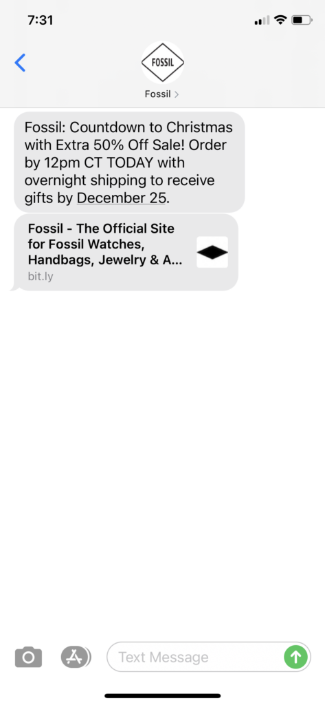 Fossil Text Message Marketing Example - 12.22.2020