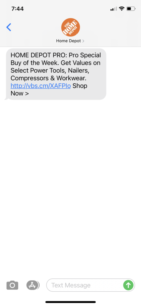 Home Depot Pro Text Message Marketing Example - 12.21.2020