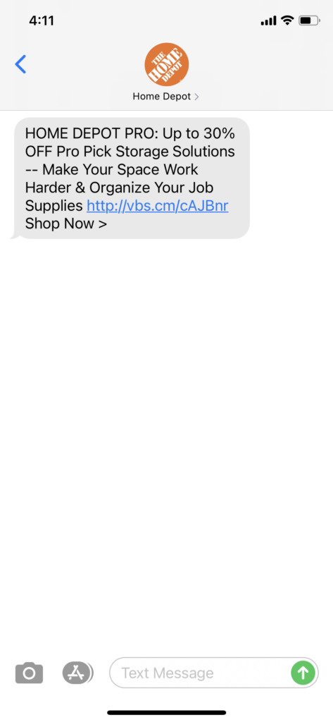 Home Depot Pro Text Message Marketing Example - 12.27.2020