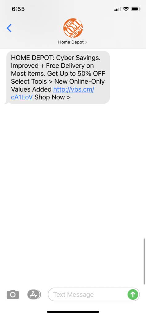 Home Depot Text Message Marketing Example - 11.30.2020.PNG