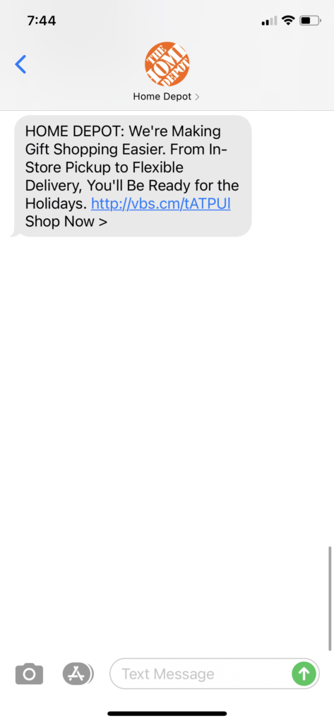 Home Depot Text Message Marketing Example - 12.21.2020