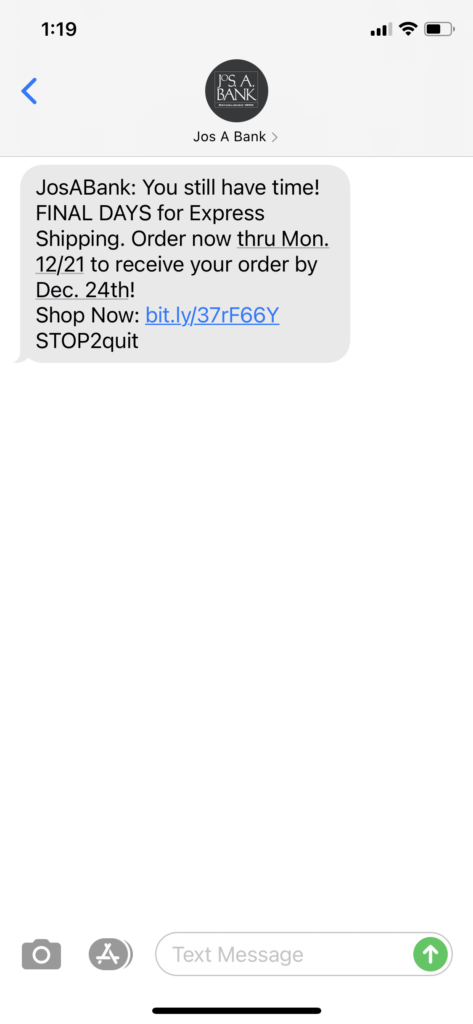 Jos A Bank Text Message Marketing Example - 12.18.2020